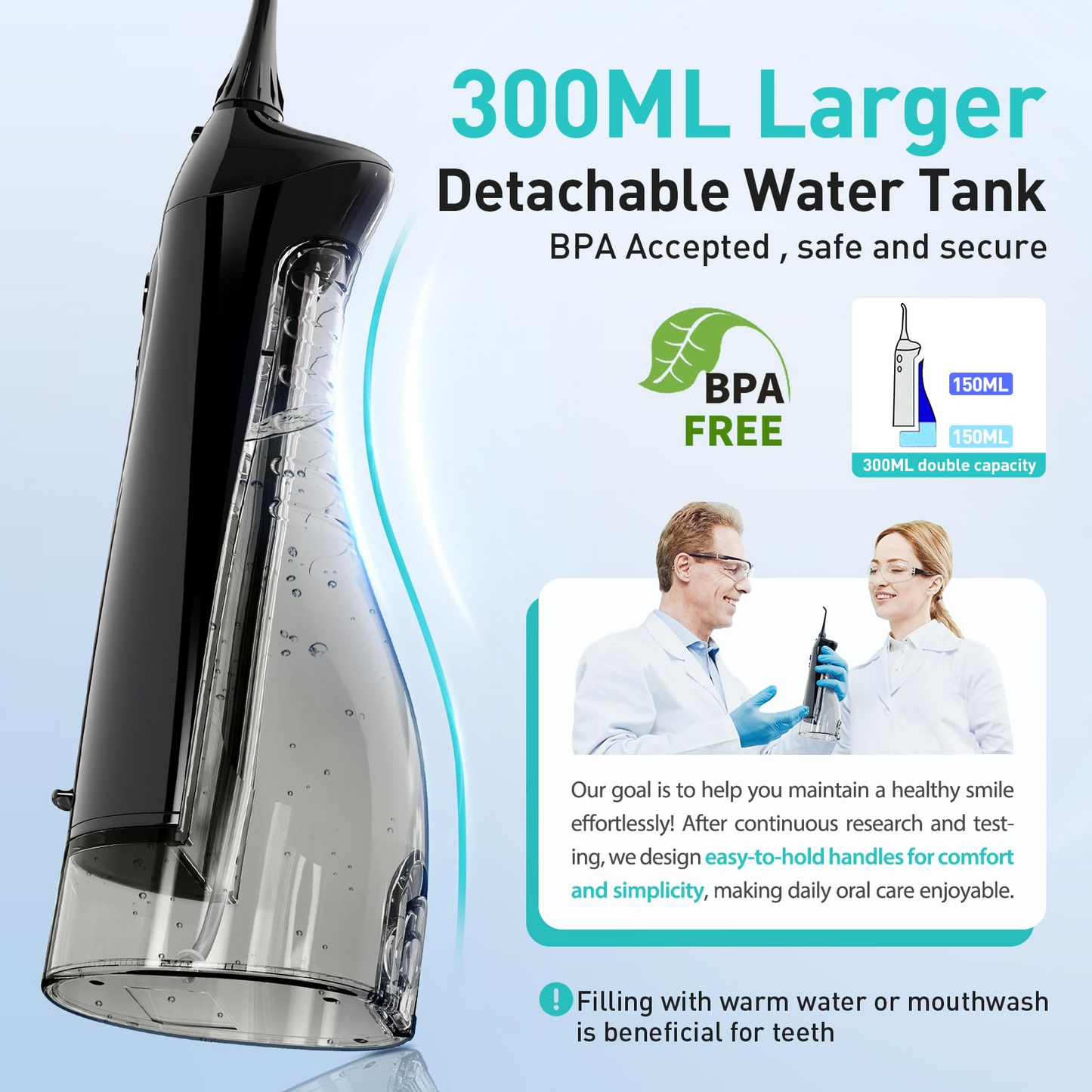 Portable Water Dental Flosser – Cordless, Rechargeable, 300ML, IPX7 Waterproof