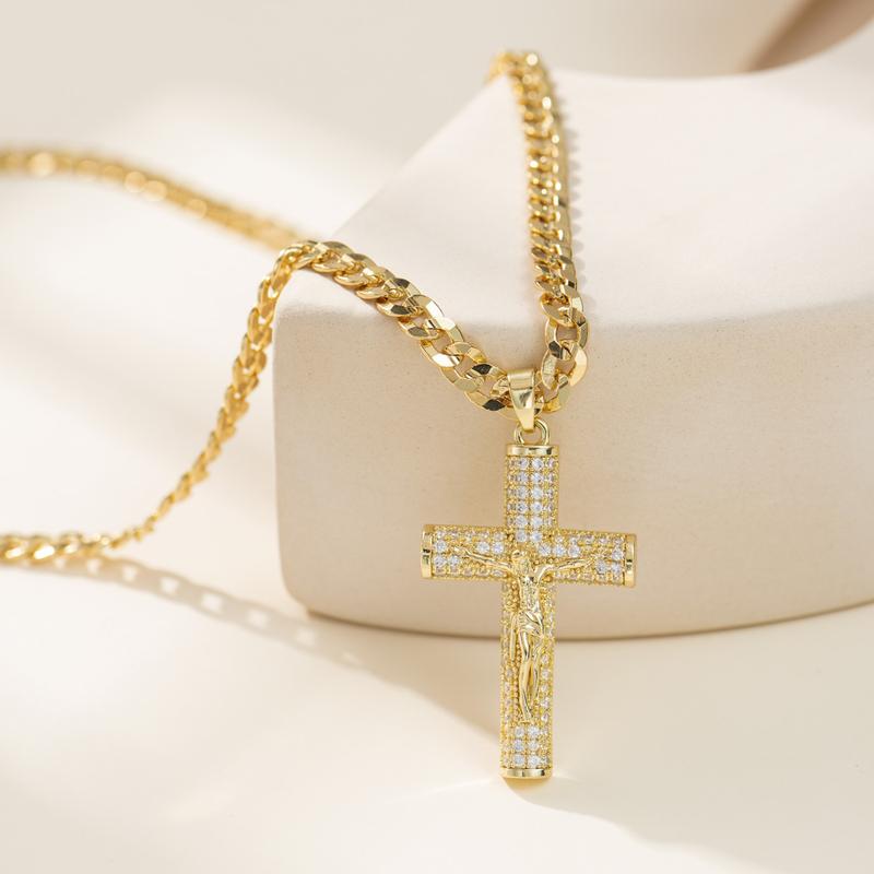 No Fade 14k Gold-Plated Cuban Figaro Chain with Jesus Christ Crucifix