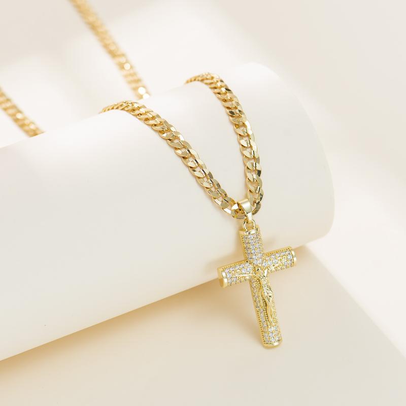 No Fade 14k Gold-Plated Cuban Figaro Chain with Jesus Christ Crucifix