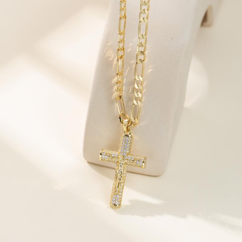 No Fade 14k Gold-Plated Cuban Figaro Chain with Jesus Christ Crucifix