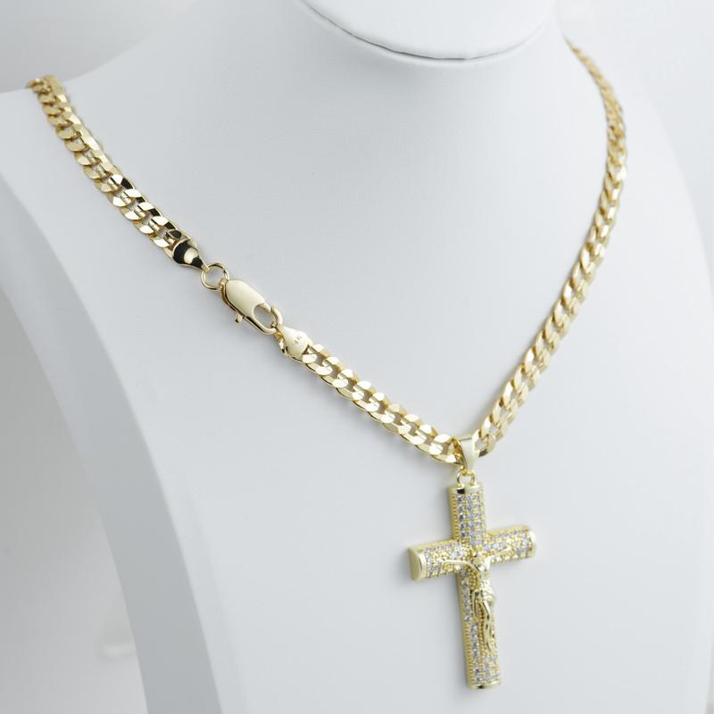 No Fade 14k Gold-Plated Cuban Figaro Chain with Jesus Christ Crucifix