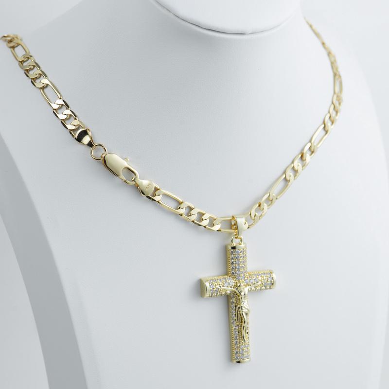 No Fade 14k Gold-Plated Cuban Figaro Chain with Jesus Christ Crucifix