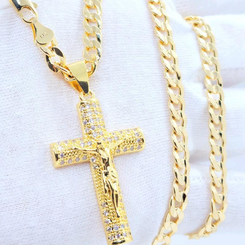 No Fade 14k Gold-Plated Cuban Figaro Chain with Jesus Christ Crucifix