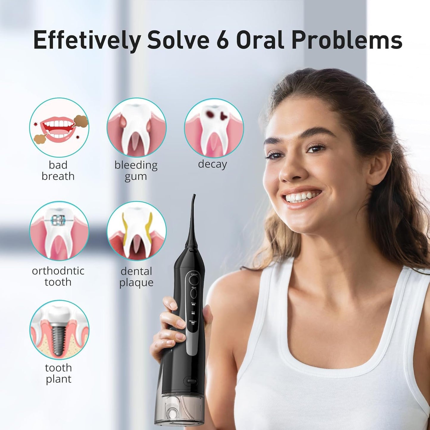 Portable Water Dental Flosser – Cordless, Rechargeable, 300ML, IPX7 Waterproof