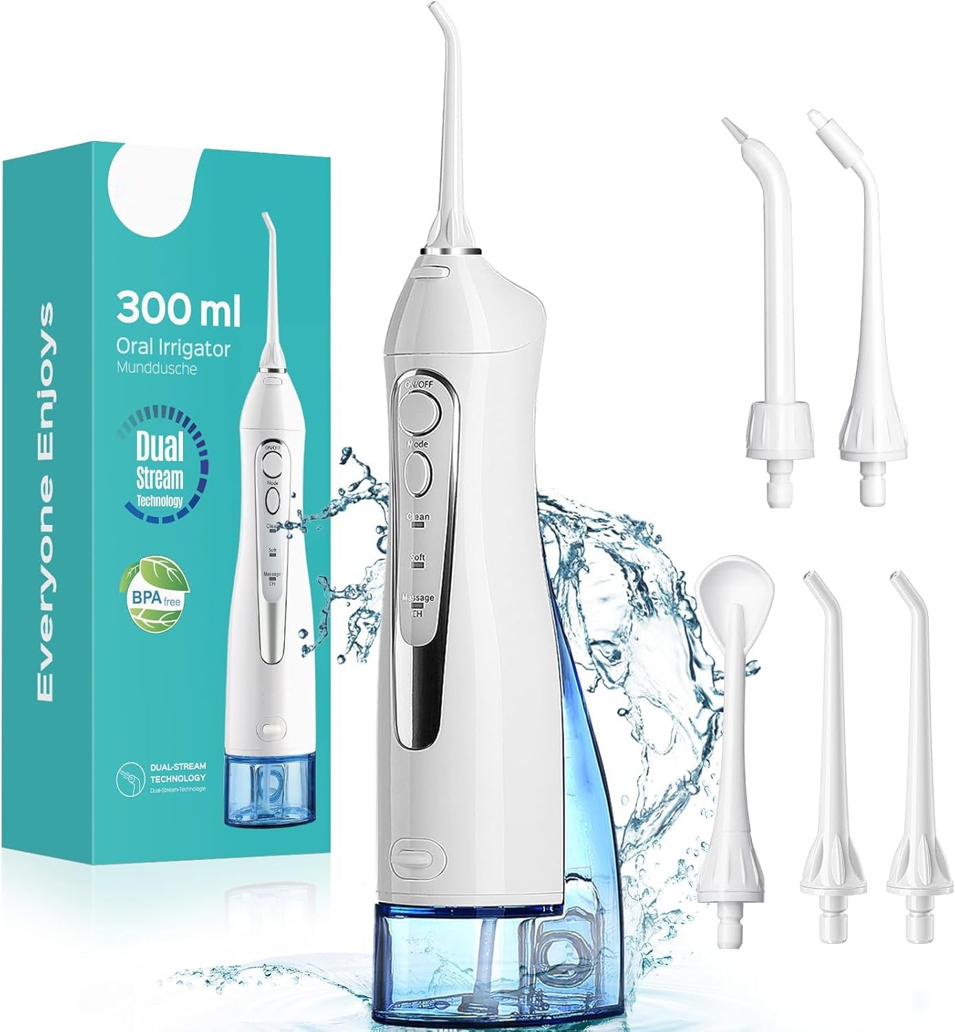 Portable Water Dental Flosser – Cordless, Rechargeable, 300ML, IPX7 Waterproof