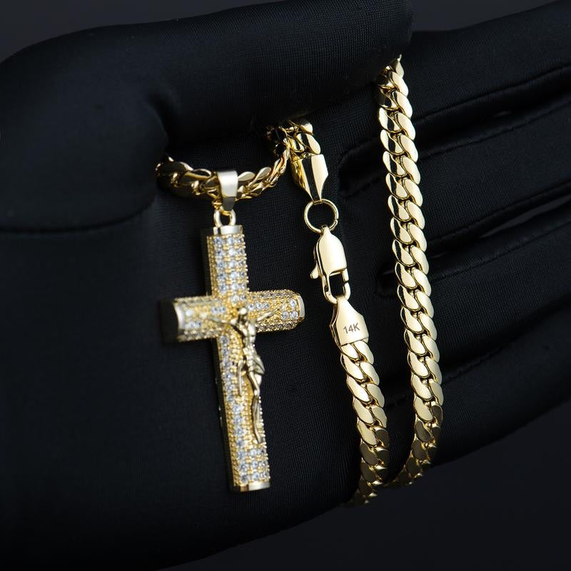No Fade 14k Gold-Plated Cuban Figaro Chain with Jesus Christ Crucifix