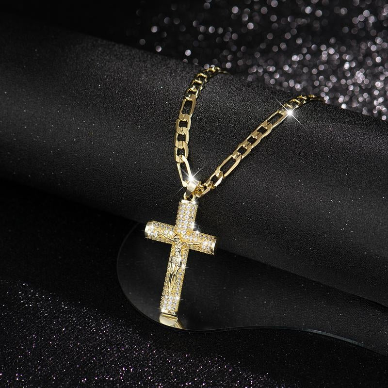 No Fade 14k Gold-Plated Cuban Figaro Chain with Jesus Christ Crucifix